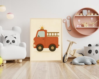Art Print brandweerwagenkwekerij: rode brandweerwagen, transportdecor (digitale download)