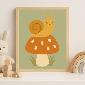 Happy Snail on Mushroom Printable | Whimsical Nursery Wall Art | Digital Forest Animal Decor