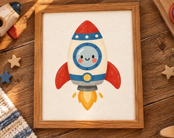 Arte mural de cohetes, lámina para habitación infantil con temática espacial, lámina imprimible de cohetes kawaii.