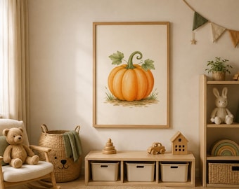 Watercolor Pumpkin Wall Art Printable, Fall Nursery Decor, Autumn Pumpkin Print