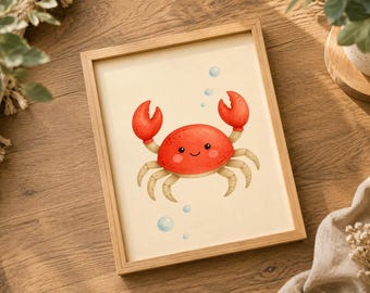 Crab Wall Art, Ocean Nursery Printable, Smiling Crab Print