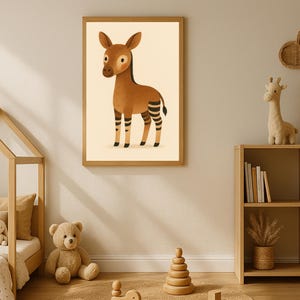May include: A framed illustration of an okapi, featuring a brown body with black and white striped legs. The artwork has a light beige background and is displayed in a wooden frame. The okapi has large ears and a friendly expression. The image is suitable for a nursery or children's room.