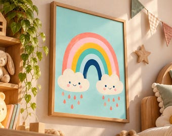 Rainbow Cloud Nursery Print, Smiling Clouds, Playful Raindrops (Digital Download)