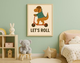 Print dinosaurusscooter: vrolijke muurkunst kinderkamer en kinderkamer (digitale download)