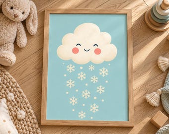 Smiling Snow Cloud Nursery Print, Hand-Painted Winter Art (Digital Download)