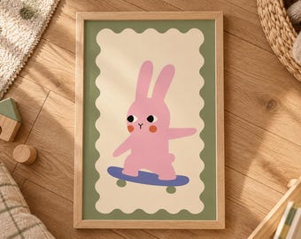 Lámina infantil con diseño retro de conejito patinando, arte de pared de conejo rosa (descarga digital)
