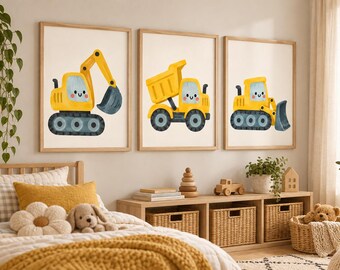 Juego de 3 láminas decorativas de vehículos de construcción: excavadora, bulldozer y camión volquete.