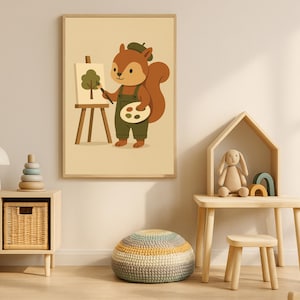 Painter Squirrel Nursery Print: Woodland Animal Wall Art (Digital Download)