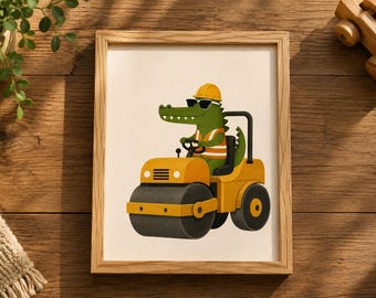 Crocodile Road Roller Wall Art Printable, Construction Crocodile Nursery Decor