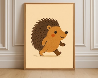 Hedgehog Nursery Art Print | Mid-Century Woodland Decor (Instant Download)