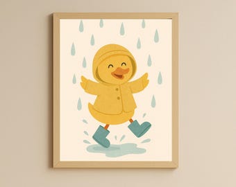 Rainy Day Duckling Print: Nursery Wall Art, Yellow Raincoat (Digital Download)