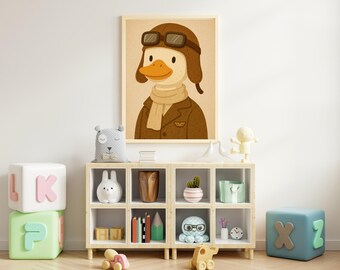 Pilot Duck Wall Art – Printable Nursery Decor | Vintage Aviator Animal Poster | Hobby Animal Series