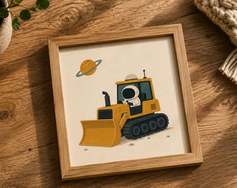 Astronaut Bulldozer Wall Art Printable, Space Construction Nursery Decor