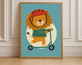 Muurkunst scooterleeuw – digitale hobbydierenprint voor kinderkamer | Speelse inrichting peuterkamer