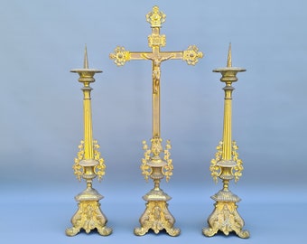 Antique large brass brass altar cross and candlestick set ++