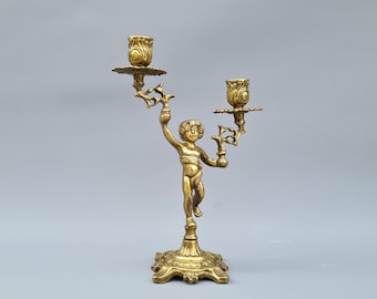 Old brass candle holder with boy, cherub, angel / Two arms candelabra /  vintage candlestick, candleholder ++