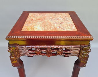 Old wooden squar Chinese table with marble top  ++