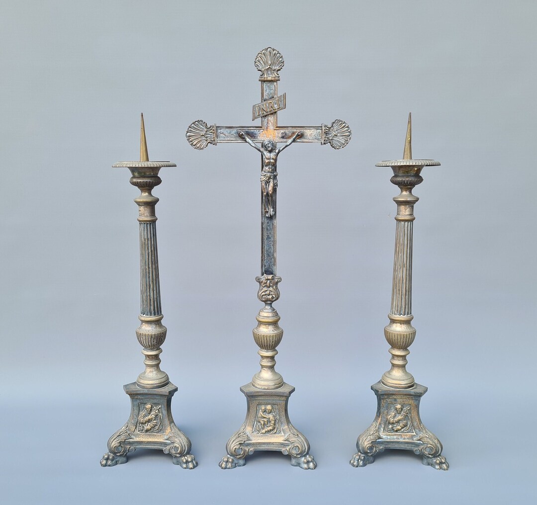 Antique Large Brass Altar Cross and Candlestick Set Etsy