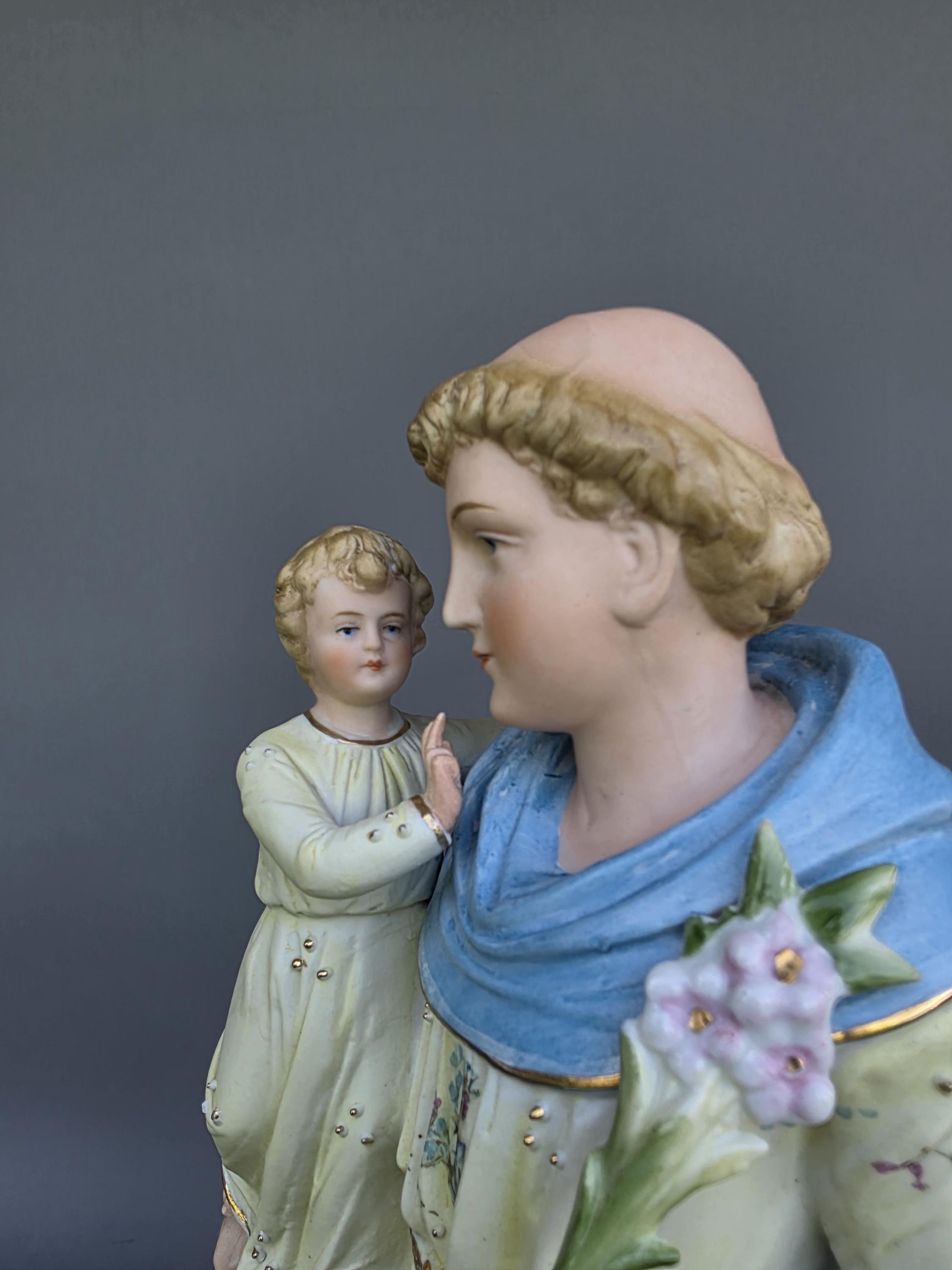 Large 1920’s German Porcelain bisque statue of St Anthony of Padua with Child  ++
