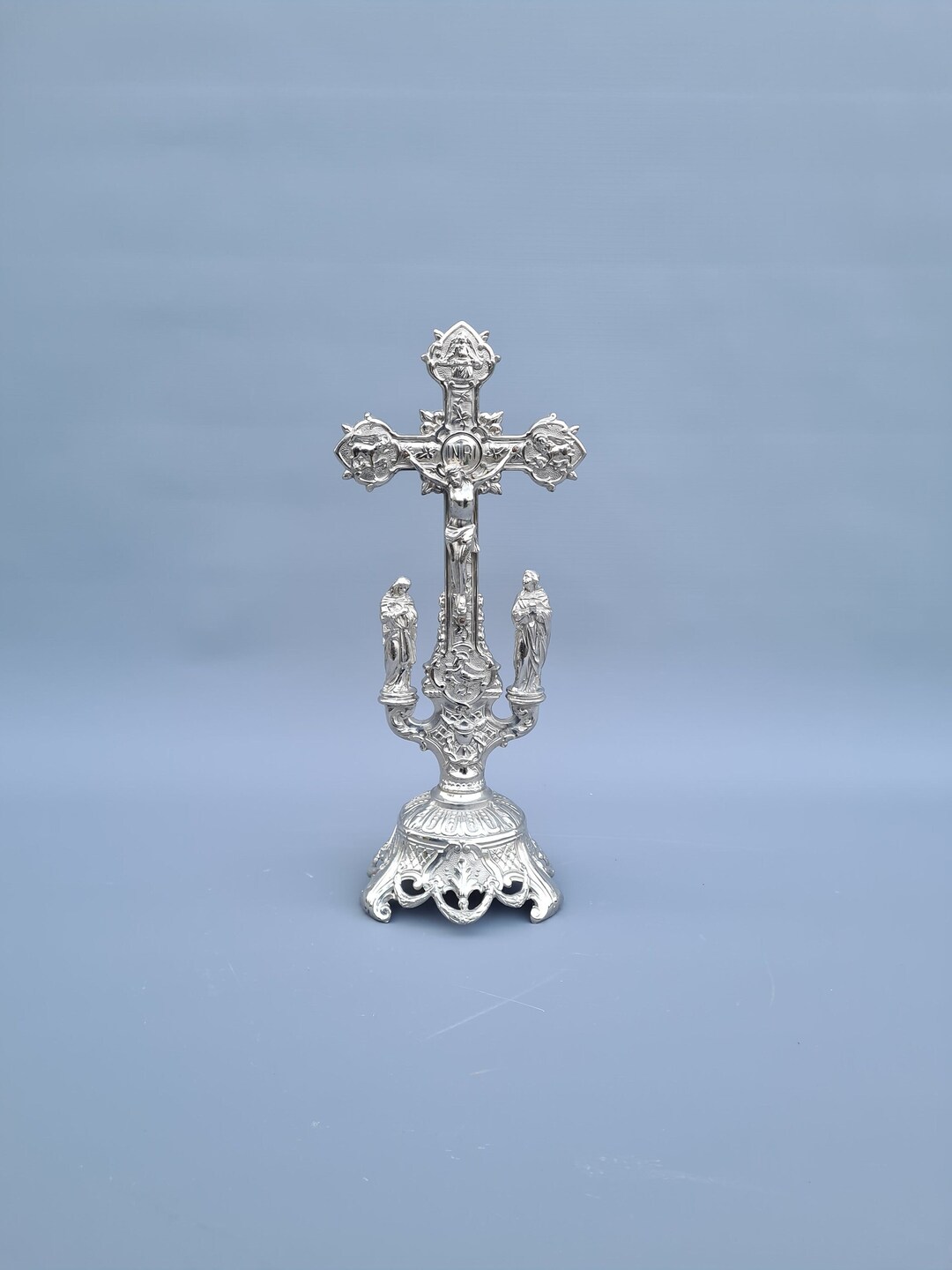 Antique French Spelter Zinc Standing Cross Altar / Table Altar Crucifix
