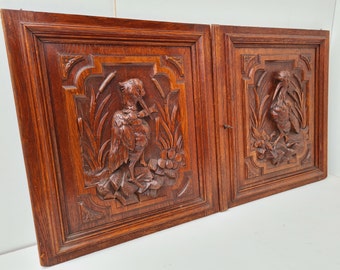 French pair oak wooden wardrobe or cupboard door panels with a bird ++