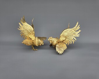 Mid-century large pair of vintage brass roosters ++