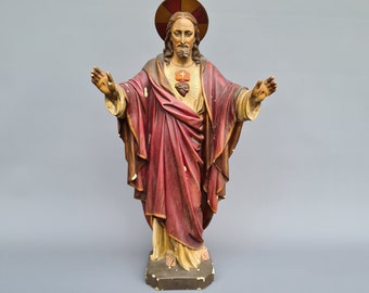 Early 20th century large religious art Sacred Heart of Jesus plaster statue sculpture ++