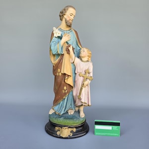 Antique plaster religious Saint Joseph with Jesus Child religious statue ++