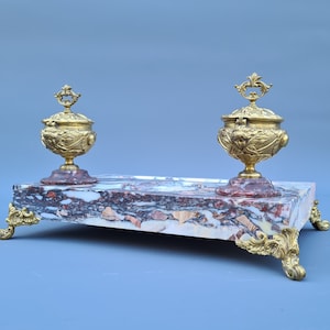 Elegant Empire rare antique marble inkwell with two reservoirs and bronze ++