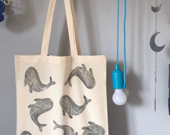 Black Whale Ocean themed cotton tote bag | waves | fish | beach | summer | save our seas | eco | Lino cut | orca | birthday gift | Reusable