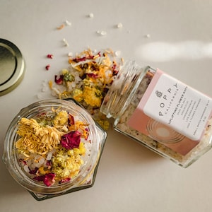 Uplifting Flower Bath Salt in Glass Jar, bath salts with flowers, herbal bath tea, bath salts with dead sea salts, flower bath soak