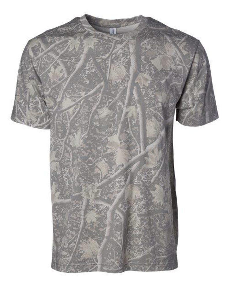 May include: A short-sleeved crew neck t-shirt featuring an all-over gray and off-white camouflage pattern. The design consists of detailed silhouettes of tree branches, twigs, and maple leaves layered across the entire fabric surface.