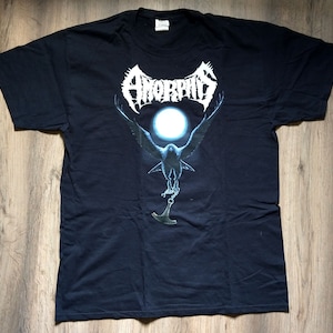 May include: Black t-shirt with a graphic of a raven flying in front of a full moon. The band name "AMORPHIS" is printed in white above the raven.