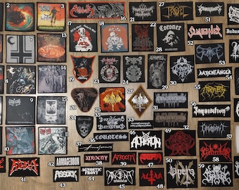 May include: A collection of 66 black and white embroidered patches featuring various band logos, including Judas Iscariot, Annihilation, Acid, Coroner, Sluegther, Space, Mayhem, and more.