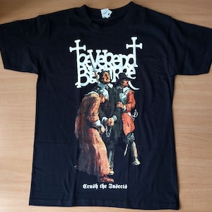May include: Black t-shirt featuring a white graphic print of a band called "Reverend Bizarre" with the text "Crush the Insects" printed below the graphic.