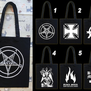 May include: Black tote bags with white graphic designs. The designs include a pentagram, a cross, an anarchy symbol, a goat-like figure, flames with the text "Black Metal Burn Your Local Church", and the text "Black Metal" with a cross.