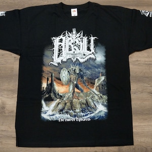 May include: Black t-shirt with a graphic print of a metal band called "Absu". The graphic features a warrior with a sword and shield standing on rocks in a stormy sea. The text "The Sun of Tipharreth" is printed below the graphic.