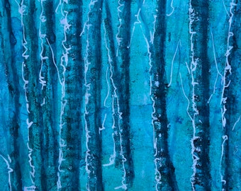 Original Mixed Media on Monotype - Teal Woodland 7 x 5 inches