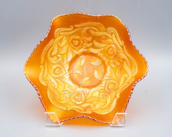 Fenton Heart and Vine Marigold Carnival Glass Bowl | Antique Iridescent Glassware