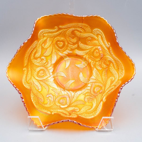 Fenton Heart and Vine Marigold Carnival Glass Bowl | Antique Iridescent Glassware