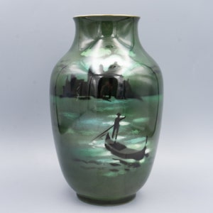 Royal Bayreuth Green Scenic Fisherman Vase Antique Porcelain Early 1900s image 1