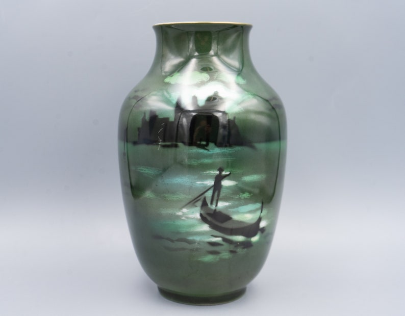 Royal Bayreuth Green Scenic Fisherman Vase Antique Porcelain Early 1900s image 1