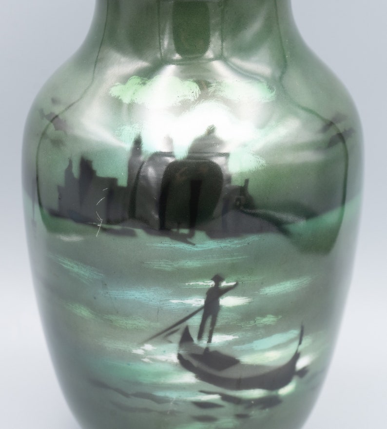 Royal Bayreuth Green Scenic Fisherman Vase Antique Porcelain Early 1900s image 3