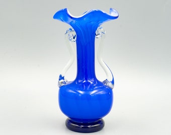 Cobalt Overlay Cased Glass Shelf Vase | Vintage Freeblown Table Vase