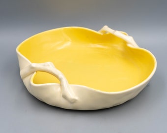 Metlox Satin Yellow and Ivory Double Handled Low Flower Bowl (#782) | Vintage California Pottery