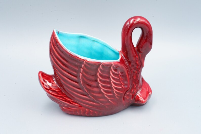 Red Wing Maroon & Turquoise Swan Planter Vintage Minnesota Two Tone Pottery image 3