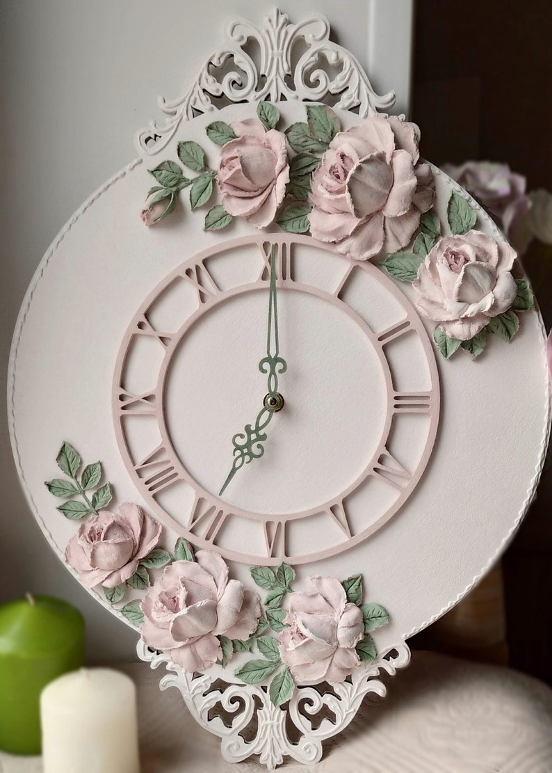Living room clock with 3D roses Large wall clock Shabby chic Etsy