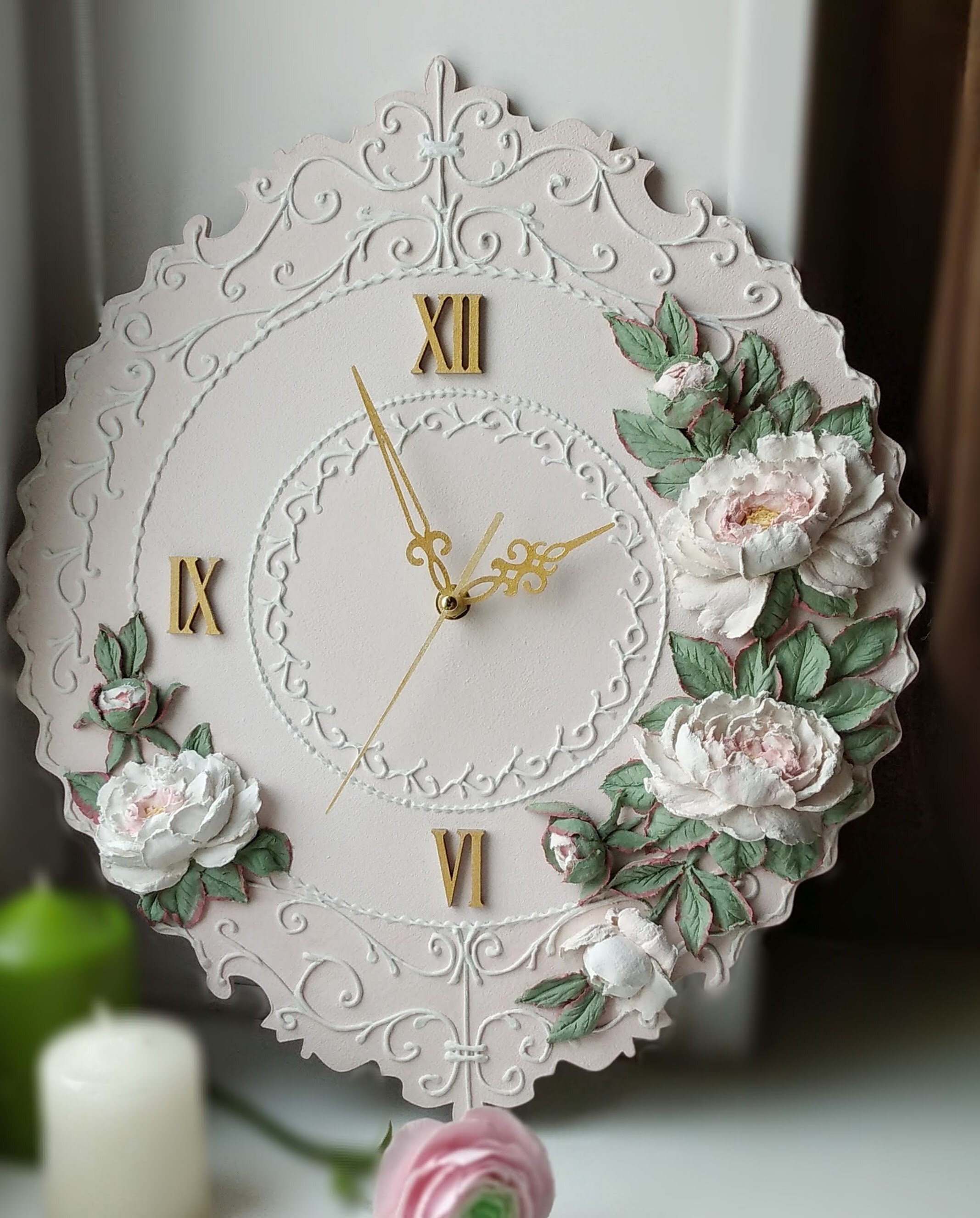 Unique wall clock with 3D peonies Shabby chic decor Large Etsy
