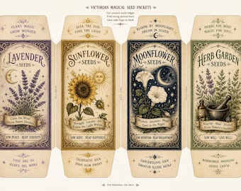 Fundas para paquetes de semillas de estilo victoriano: Lavanda, Girasol, Flor de luna, Diseños para jardines de hierbas.