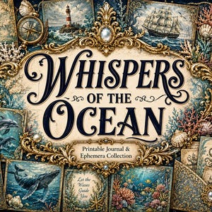 May include: A collection of printable journal ephemera featuring the text Whispers of the Ocean. The design includes nautical imagery like a lighthouse, sailing ship, whale, dolphin, octopus, and coral reefs, all framed in ornate gold borders.